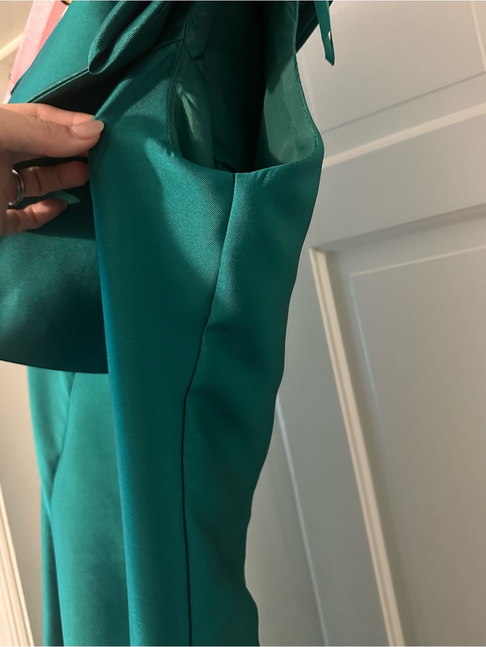 Aqua Emerald One-Shoulder Satin Gown with Shoulder Bow - Picture 6 of 6